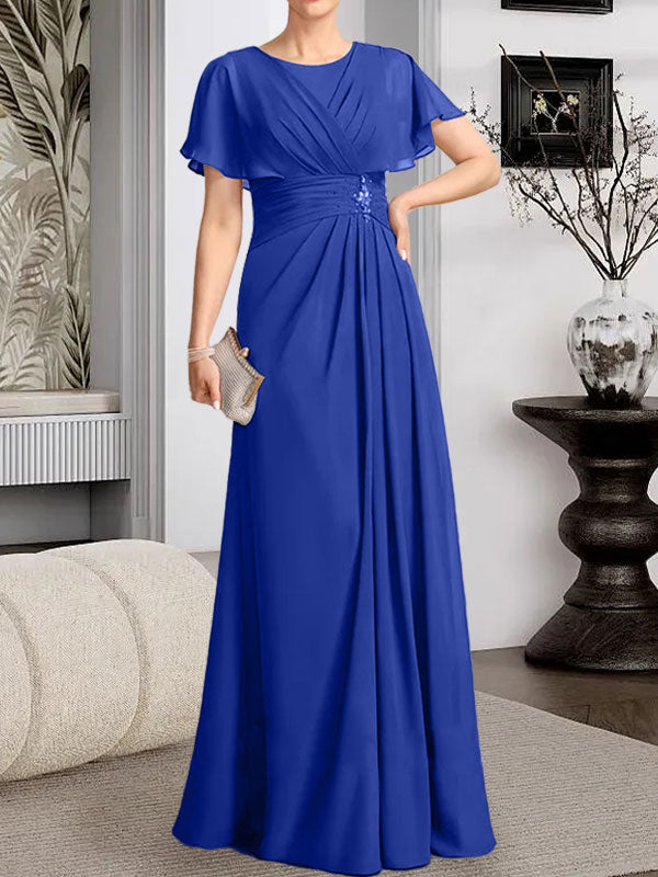 Robe de mère de la mariée en mousseline, longueur au sol, en ligne A, décolleté arrondi, ornée de perles plissées