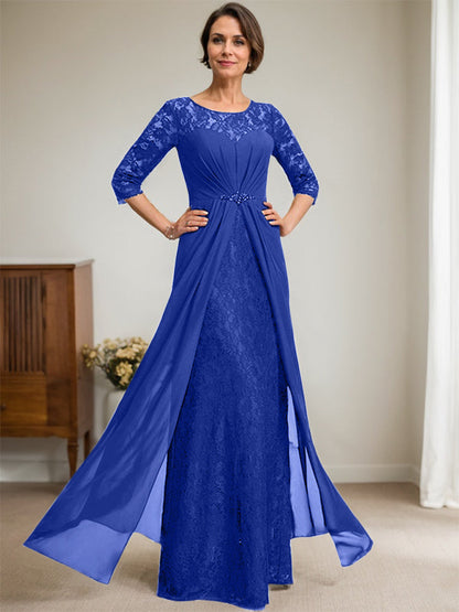 A-Linie U-Ausschnitt Illusion Bodenlang Spitzen Chiffon Mutter der Braut Kleid mit Perlenbesatz Rüschen 