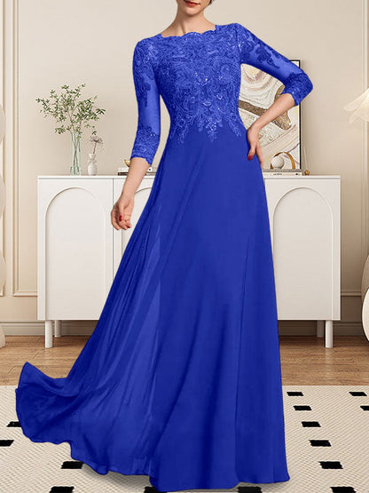 A-Linie U-Ausschnitt Bodenlang Spitzen-Chiffon-Kleid für die Brautmutter mit Pailletten