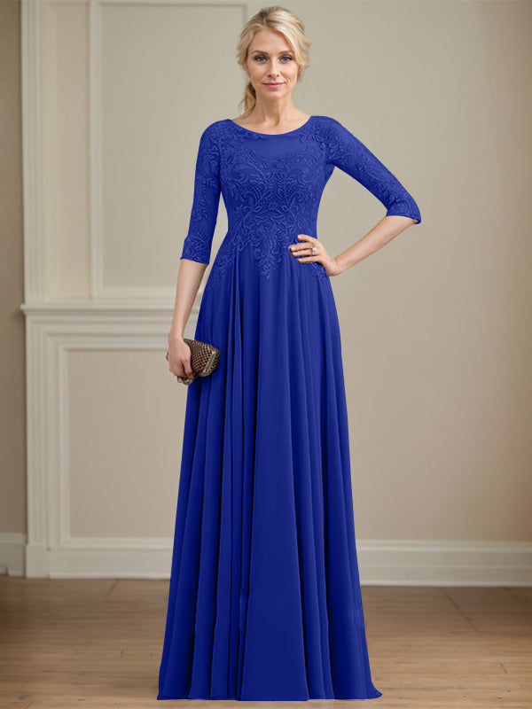 A-Linie, U-Ausschnitt, Illusion, bodenlanges Spitzen-Chiffon-Kleid für die Brautmutter mit Pailletten 