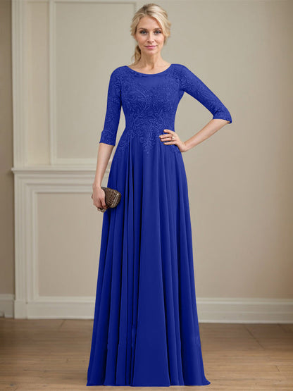 A-Linie, U-Ausschnitt, Illusion, bodenlanges Spitzen-Chiffon-Kleid für die Brautmutter mit Pailletten 