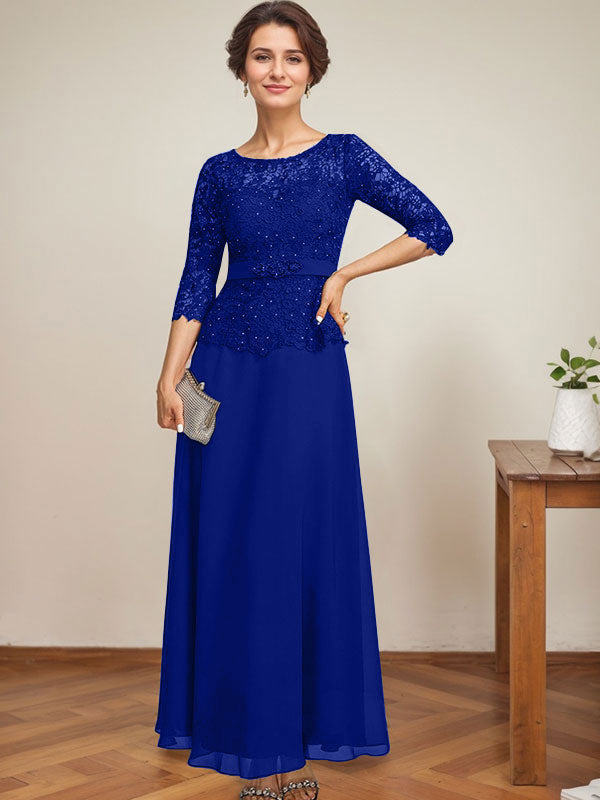 Robe de mère de la mariée en dentelle en mousseline, longueur cheville, coupe trapèze, décolleté illusion en forme de goutte, ornée de perles en strass