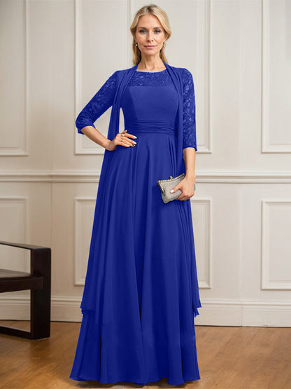 A-Linie U-Ausschnitt Illusion Bodenlang Spitze Chiffon Mutter der Braut Kleid Mit Plissee 