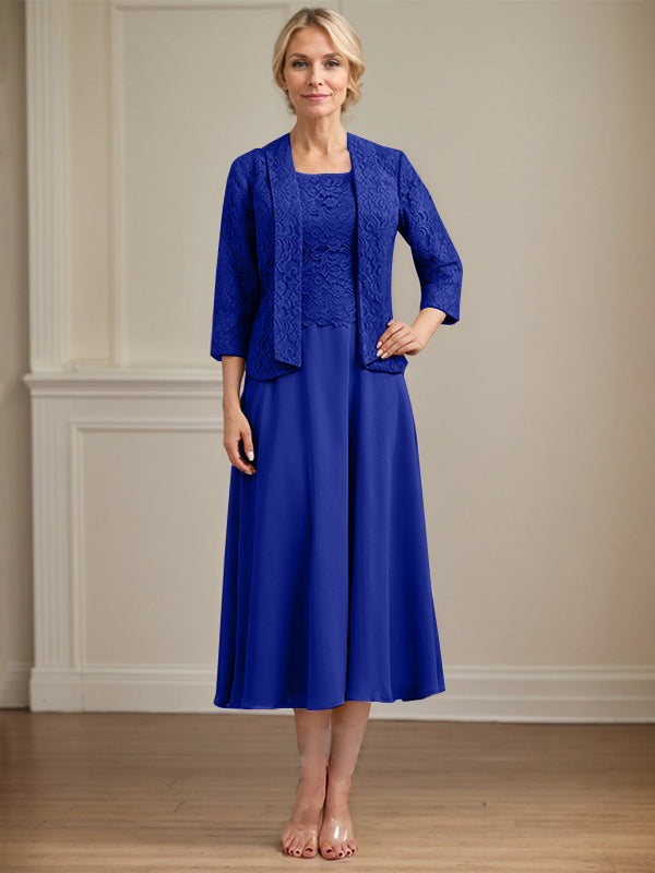 Robe de mère de la mariée en dentelle et mousseline, longueur thé, coupe en A avec encolure dégagée