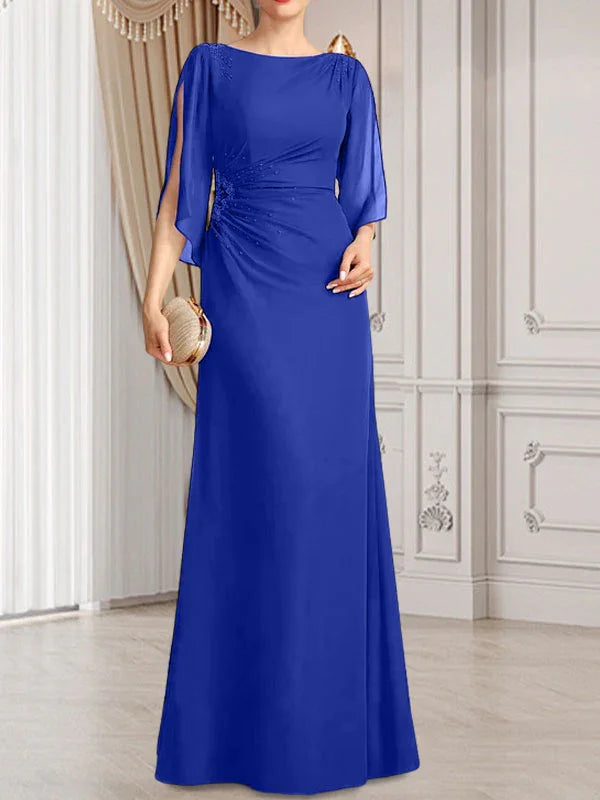 Vestido de madrina de novia de gasa largo hasta el suelo con corte columna y fajín plisado con cuentas