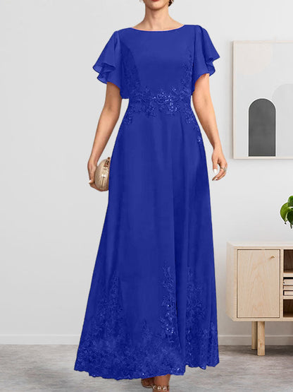 Vestido de gasa con encaje y lentejuelas para madre de la novia, corte A, escote redondo hasta los tobillos