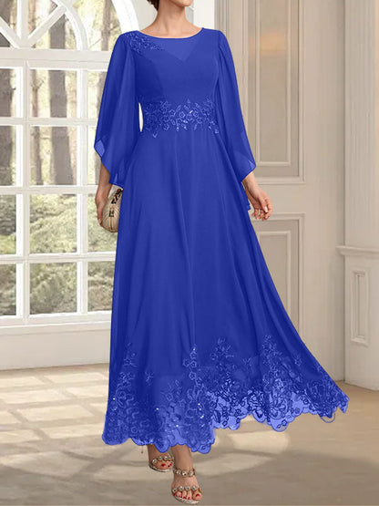 A-Linie, U-Ausschnitt, Illusion, knöchellang, Spitzen-Chiffon, Kleid für die Brautmutter mit Pailletten 
