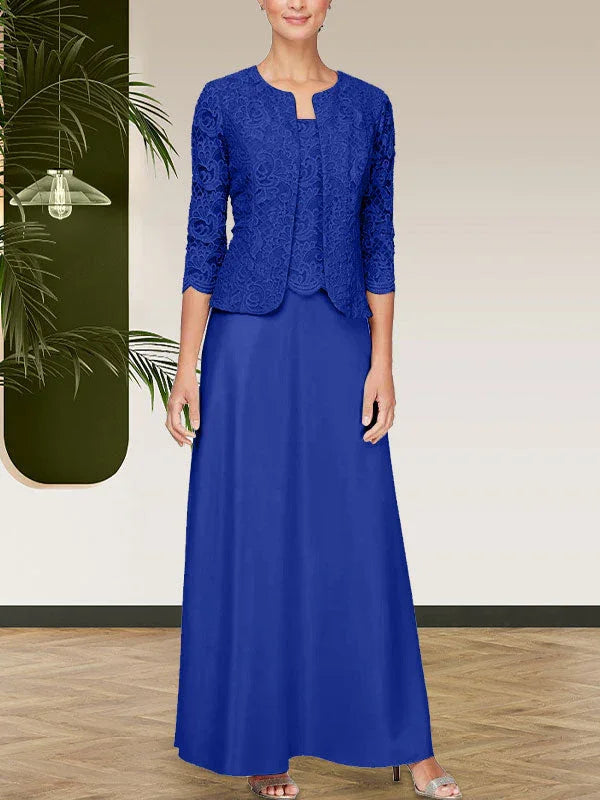 فستان مع جاكيت تنورة من الدانتيل اللامع والساتان مع جاكيت مفتوح