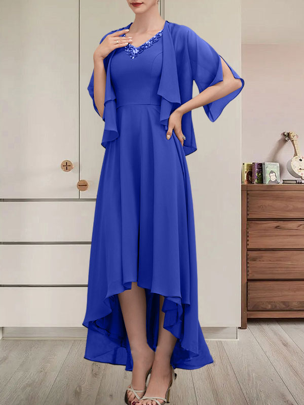 Vestido de gasa asimétrico para madre de la novia con escote en V, corte A y lentejuelas con abalorios