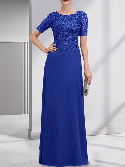 A-Linie U-Ausschnitt Bodenlang Spitzen-Chiffon-Kleid für die Brautmutter mit Pailletten