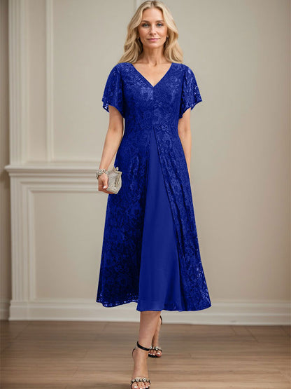 A-Linie V-Ausschnitt Wadenlanges Chiffon-Kleid für die Brautmutter 