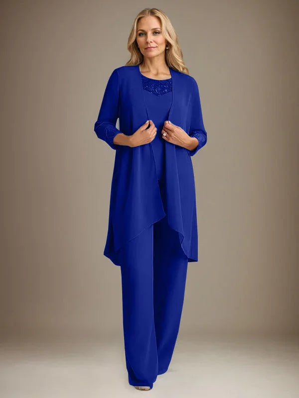 بدلة بنطلون الأم العروس بأكمام طويلة من الشيفون وياقة دائرية مع سترة