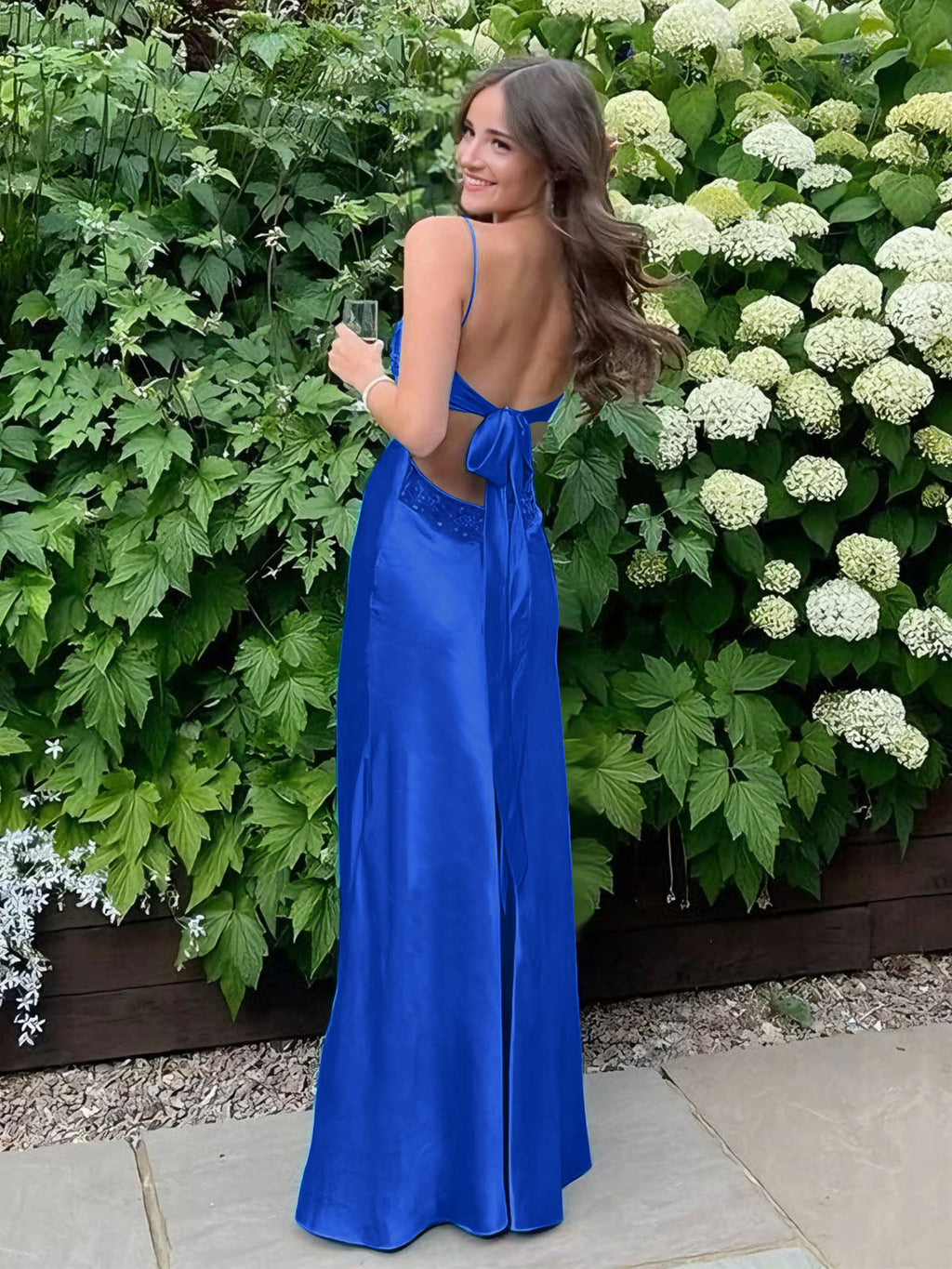 Blue A Line V Neck Beaded Back Tie Long Prom Dress