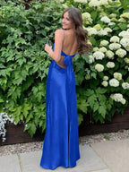 Blue A Line V Neck Beaded Back Tie Long Prom Dress
