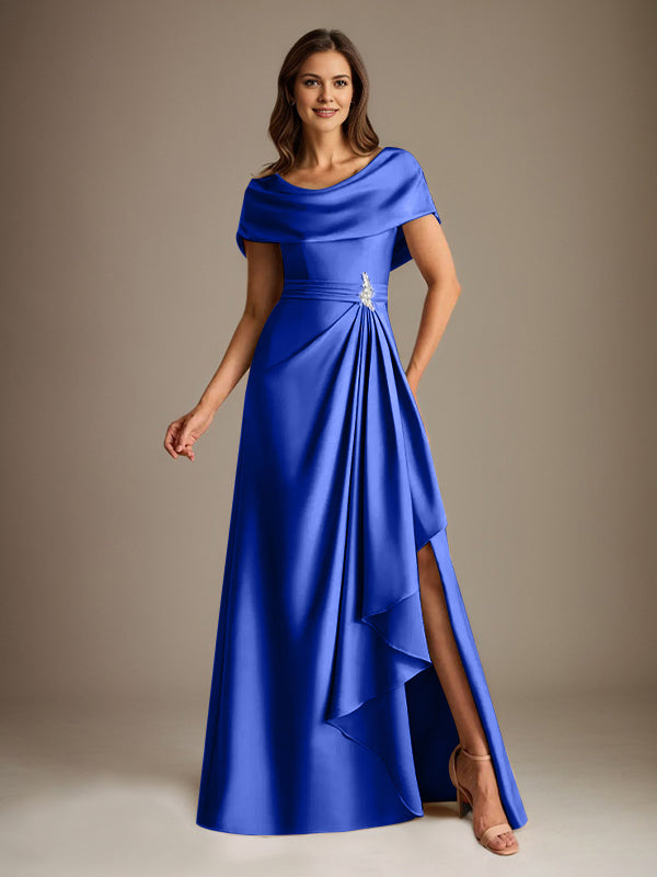 Robe de mère de la mariée en satin extensible, longueur au sol, coupe en A avec encolure dégagée et volants en cascade