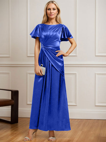 Vestido de madre de la novia de satén elástico con escote redondo y largo hasta los tobillos, con plisado y cuentas 