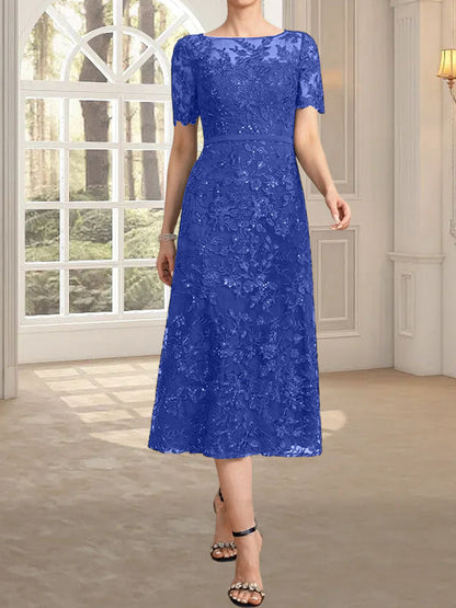 A-Linie, U-Ausschnitt, Illusion, knielang, Spitze, Kleid für die Brautmutter mit Pailletten
