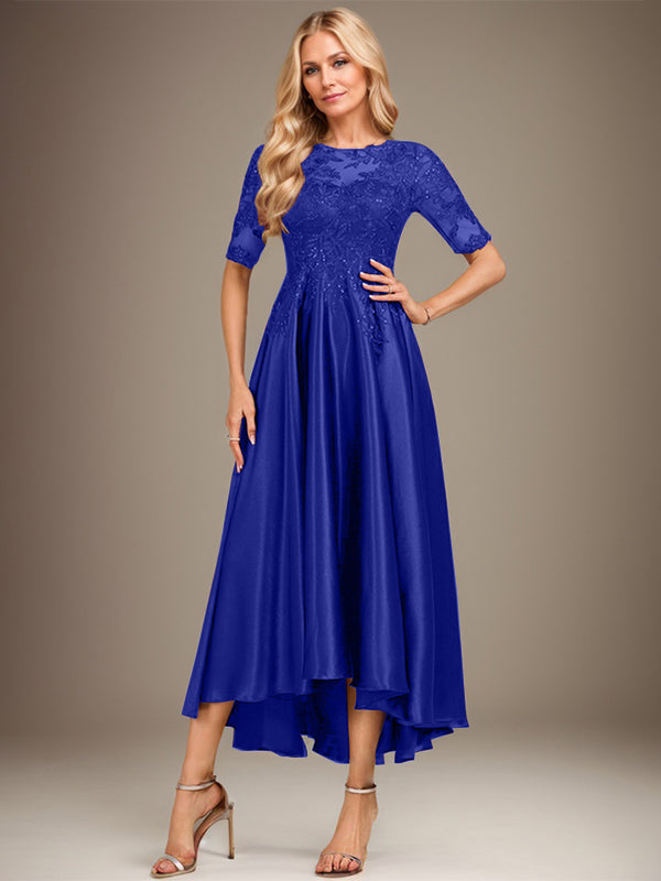 Robe de mère de la mariée en satin extensible à dentelle, coupe en A, décolleté illusion asymétrique avec paillettes