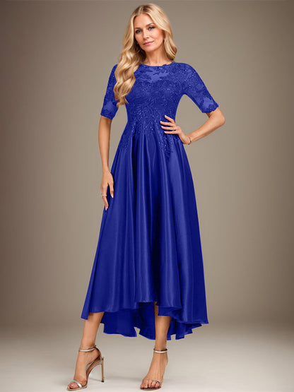 A-Linie, U-Ausschnitt, Illusion, asymmetrisch, Stretch-Satin, Spitze, Kleid für die Brautmutter mit Pailletten 