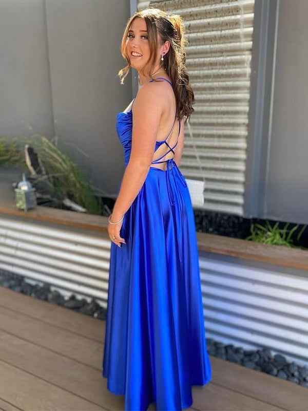 Royal Blue Satin Cowl Neck A Line Prom Dress With Spaghetti Straps