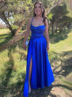 Royal Blue Satin Cowl Neck A Line Prom Dress With Spaghetti Straps