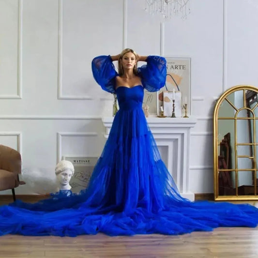 6119#Royal Blue Bridal Tulle Maternity Dress with Detachable Sleeves Long Train Nightgown Sleepwear for Photo Shoot Unique Prom Gowns