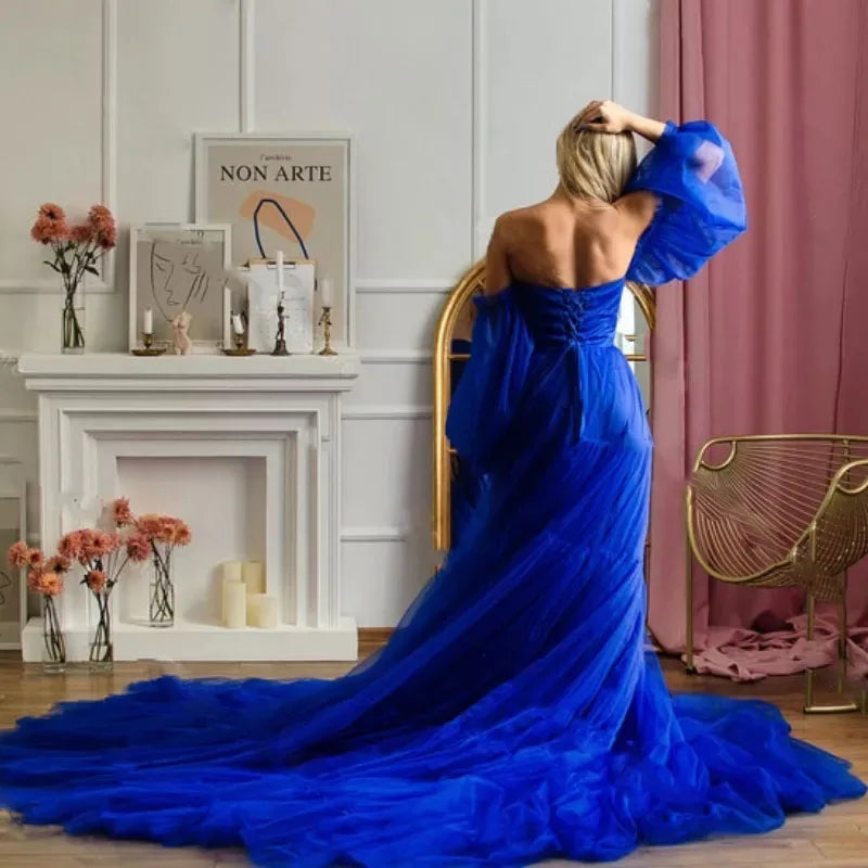 Royal Blue Bridal Tulle Maternity Dress with Detachable Sleeves Long Train Nightgown Sleepwear for Photo Shoot Unique Prom Gowns