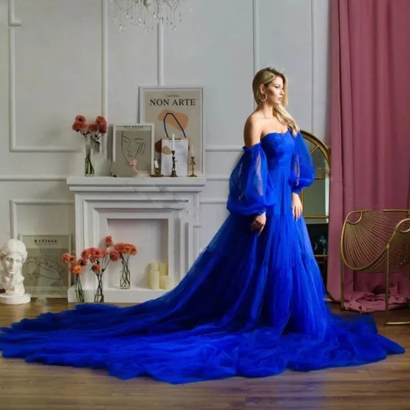 6119#Royal Blue Bridal Tulle Maternity Dress with Detachable Sleeves Long Train Nightgown Sleepwear for Photo Shoot Unique Prom Gowns
