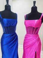 Blush Pink Satin Mermaid Prom Dress With Square Neck And Side Slit