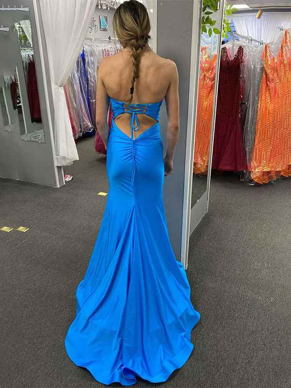 Teal Mermaid Strapless Fitted Long Prom Dress With Slit