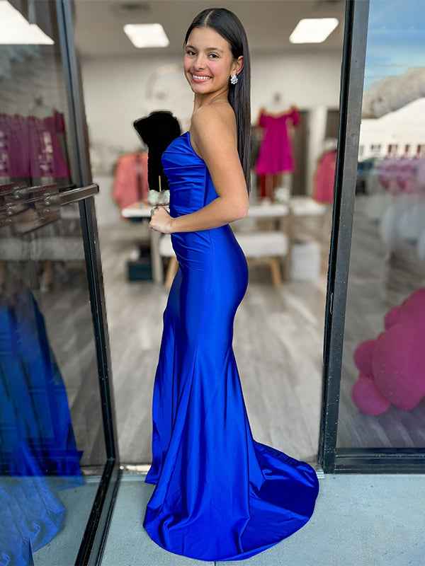 Lavender Mermaid Strapless Ruched Satin Long Prom Dress With High Slit