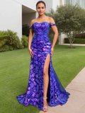 Royal Blue Sequined Off Shoulder Long Prom Dress With Slit