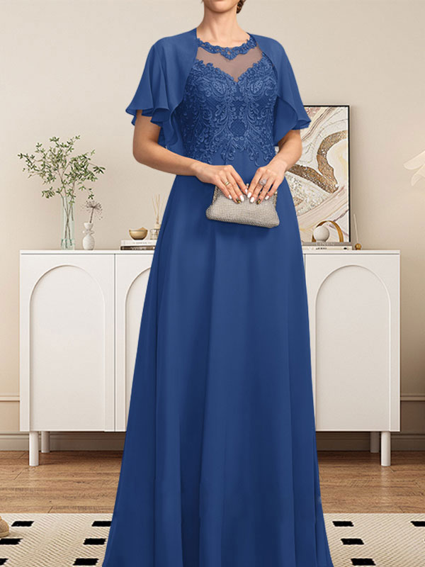 Robe de mère de la mariée en dentelle et mousseline, longueur au sol, coupe en A, décolleté illusion en forme de goutte, ornée de paillettes