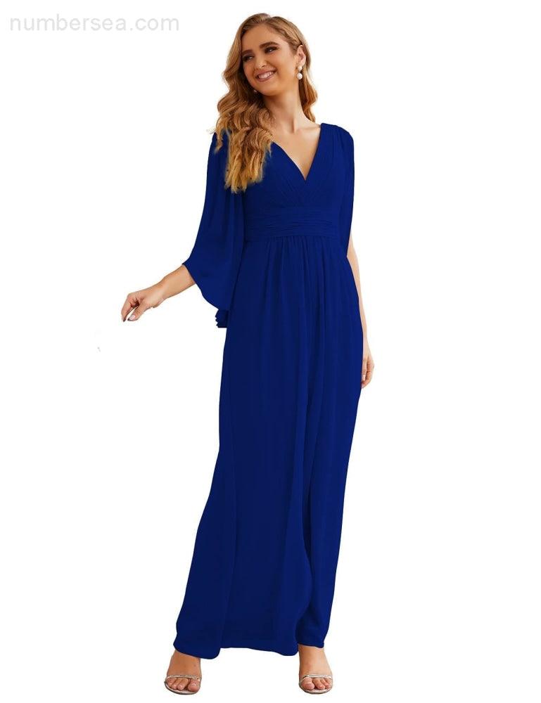 Robes de demoiselle d'honneur en mousseline Numbersea avec fente pour femmes Mariage Longue robe de soirée à manches volantes SEA28045