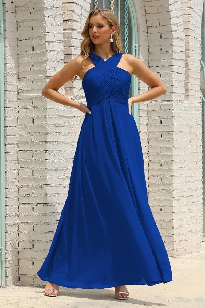 Vestido de Dama de Honra Halter em Chiffon para Mulher, Modelo A-Line, Longo, Formal, para Baile de Finalistas SEA28015