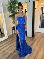 Royal Blue Satin Strapless Mermaid Prom Dress With Slit