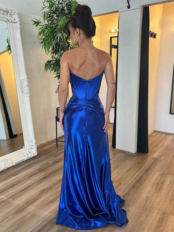 Royal Blue Satin Strapless Mermaid Prom Dress With Slit