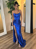 Royal Blue Satin Strapless Mermaid Prom Dress With Slit