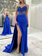 Royal Blue Beaded Lace Corset Prom Dress With Satin Slit