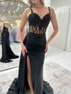 Royal Blue Beaded Lace Corset Prom Dress With Satin Slit