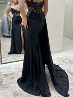 Royal Blue Beaded Lace Corset Prom Dress With Satin Slit
