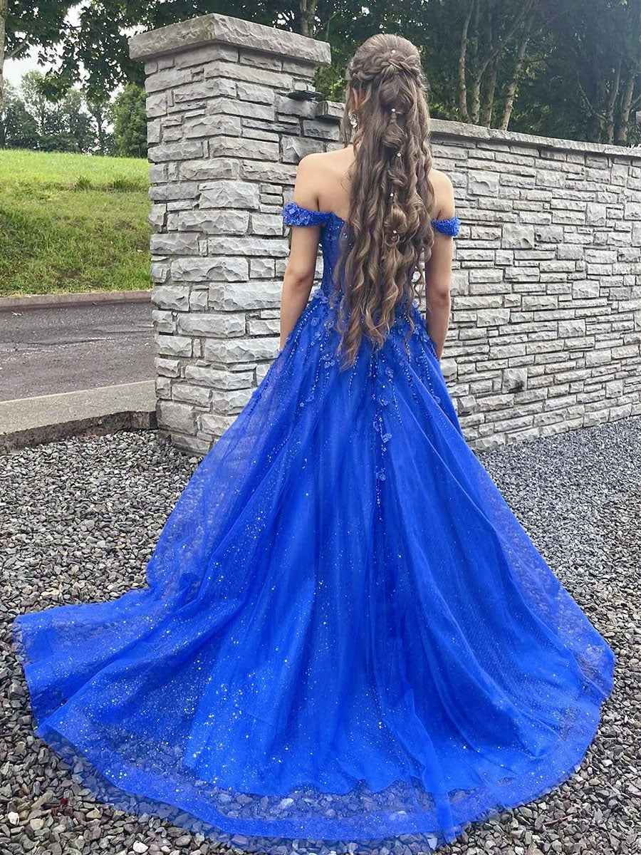 Royal Blue Glitter Off The Shoulder Corset Prom Dress With Floral Appliques