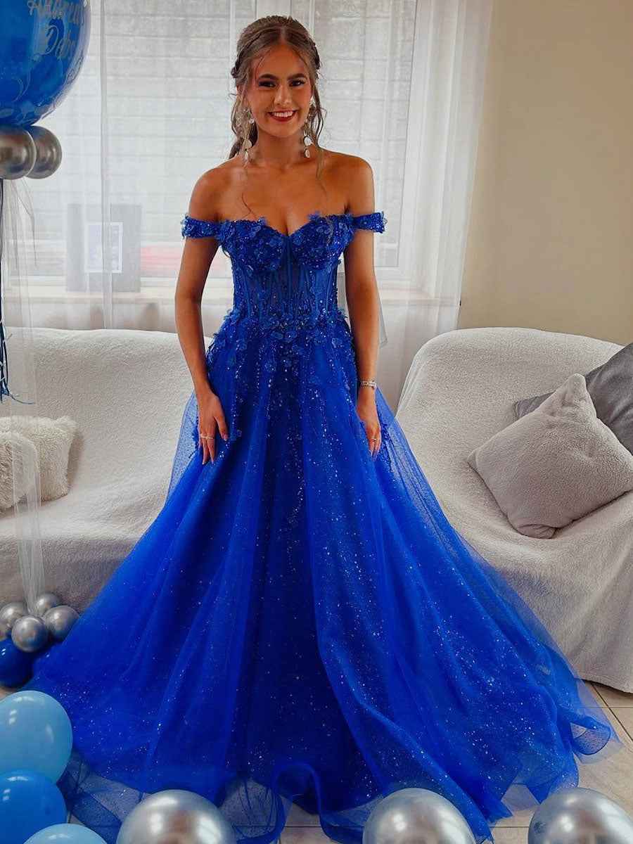 Royal Blue Glitter Off The Shoulder Corset Prom Dress With Floral Appliques