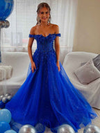 Royal Blue Glitter Off The Shoulder Corset Prom Dress With Floral Appliques
