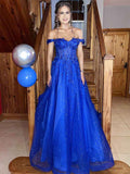 Royal Blue Glitter Off The Shoulder Corset Prom Dress With Floral Appliques
