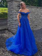 Royal Blue Glitter Off The Shoulder Corset Prom Dress With Floral Appliques