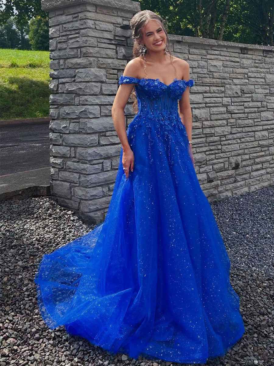 Royal Blue Glitter Off The Shoulder Corset Prom Dress With Floral Appliques