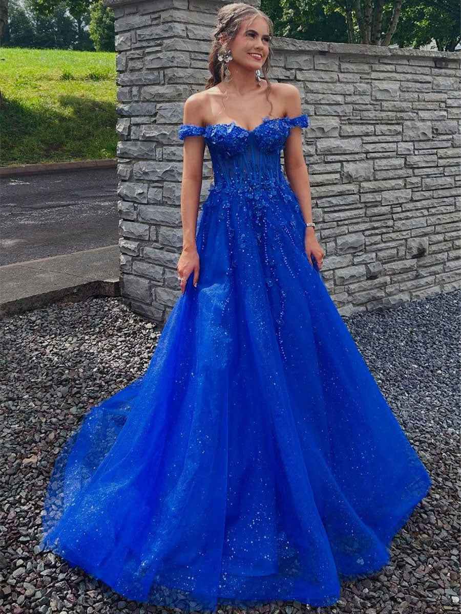 Royal Blue Glitter Off The Shoulder Corset Prom Dress With Floral Appliques