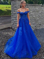 Royal Blue Glitter Off The Shoulder Corset Prom Dress With Floral Appliques