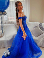 Royal Blue Glitter Off The Shoulder Corset Prom Dress With Floral Appliques